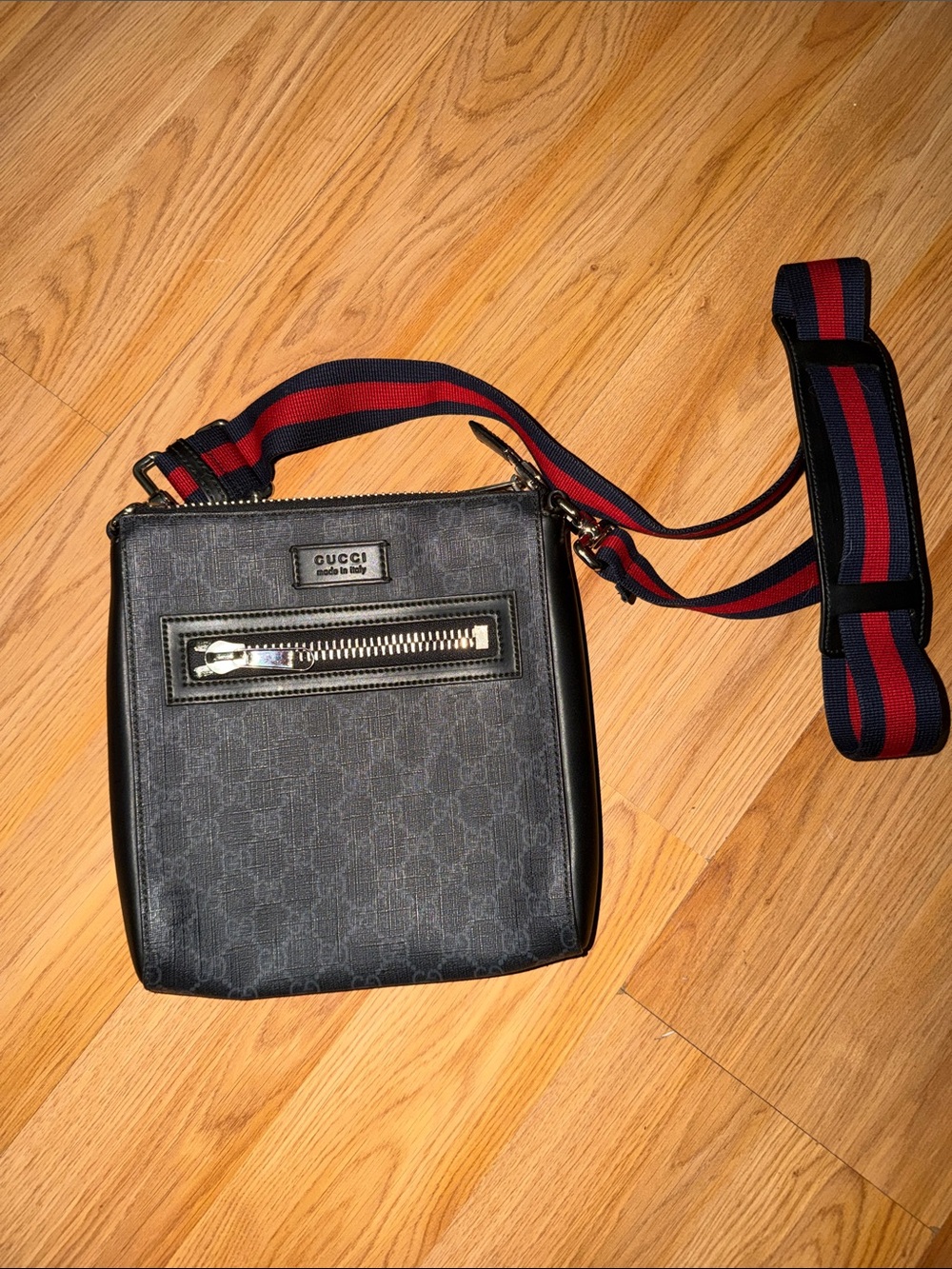 Gucci Black Monogram Messenger Bag with Red & Navy Web Strap
